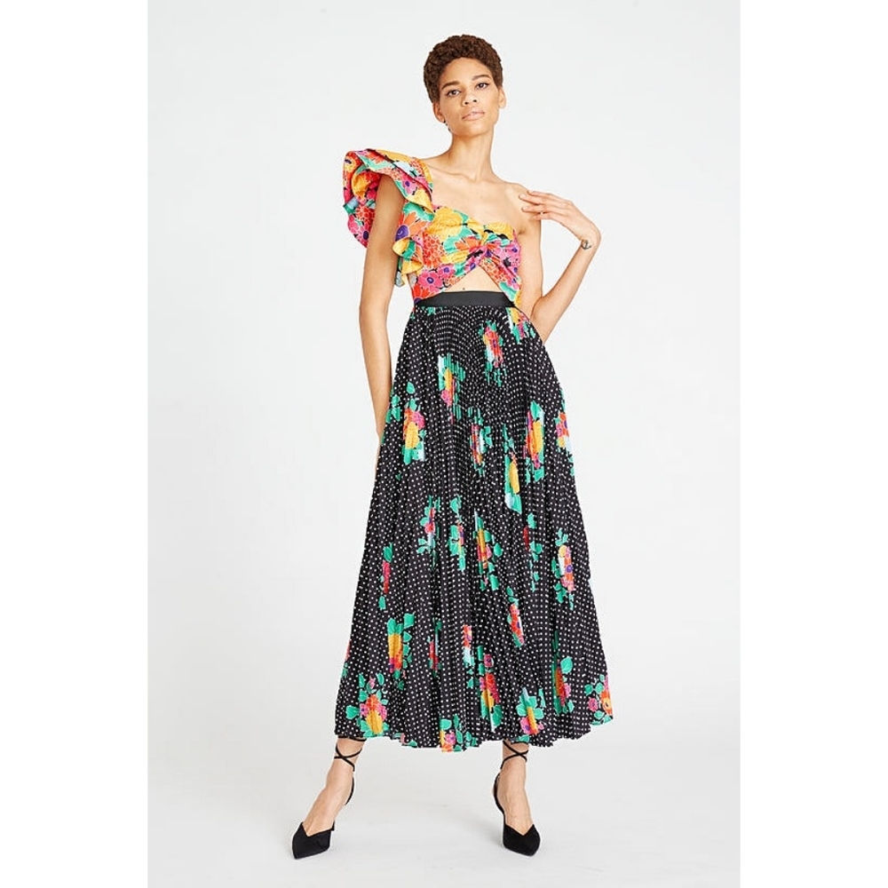Amur Cleopatra Patchwork Floral Cut Out Pleated Ruffle Midi Dress